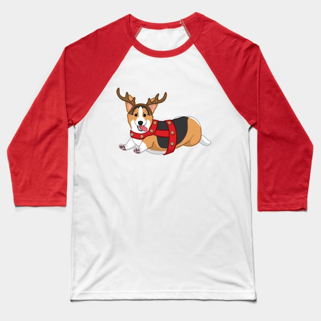 Cute Black & Tan Corgi in Christmas Reindeer Costume Baseball T-Shirt by csforest